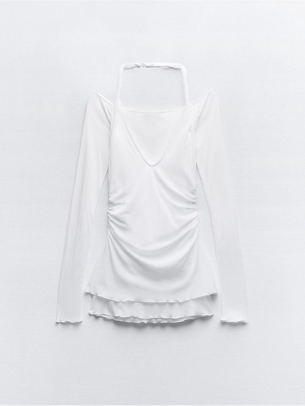 White Long-Sleeve Ruched Halter Neck Top